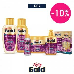 Kit 4 Niely Gold Mega Brilho Shampoo 300ml + Condiconador 200ml + 3 Ampolas Tratamento 15ml + Óleo de Diamante 50ml + Creme Pentear 280g + Mascara 430g